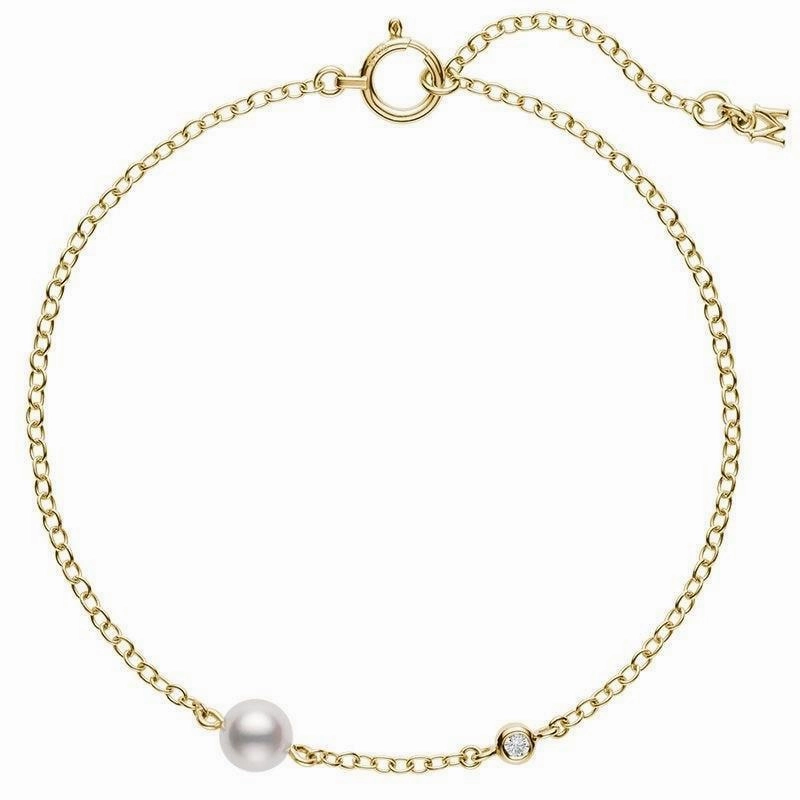 Mikimoto 18ct Yellow Gold 5mm White Akoya Pearl Diamond Bracelet