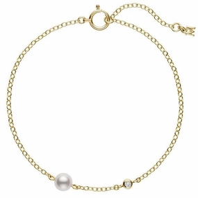 Mikimoto 18ct Yellow Gold 5mm White Akoya Pearl Diamond Bracelet