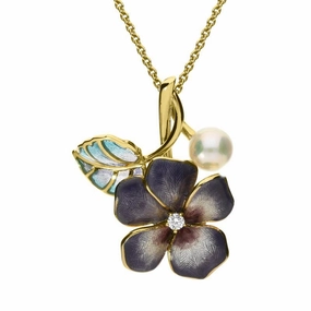 Mikimoto 18ct Yellow Gold 6mm Pearl Diamond Enamel Flower Necklace