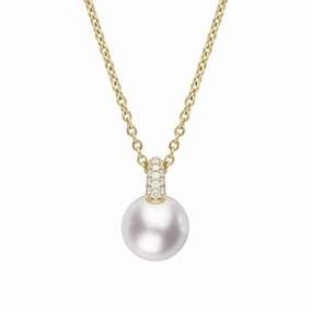 Mikimoto 18ct Yellow Gold 8.5mm White A  Akoya Pearl Diamond Necklace