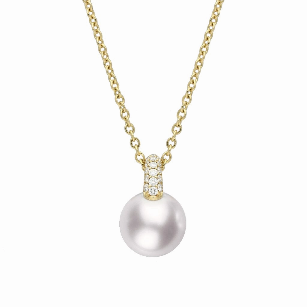 Mikimoto 18ct Yellow Gold 8.5mm White A  Akoya Pearl Diamond Necklace