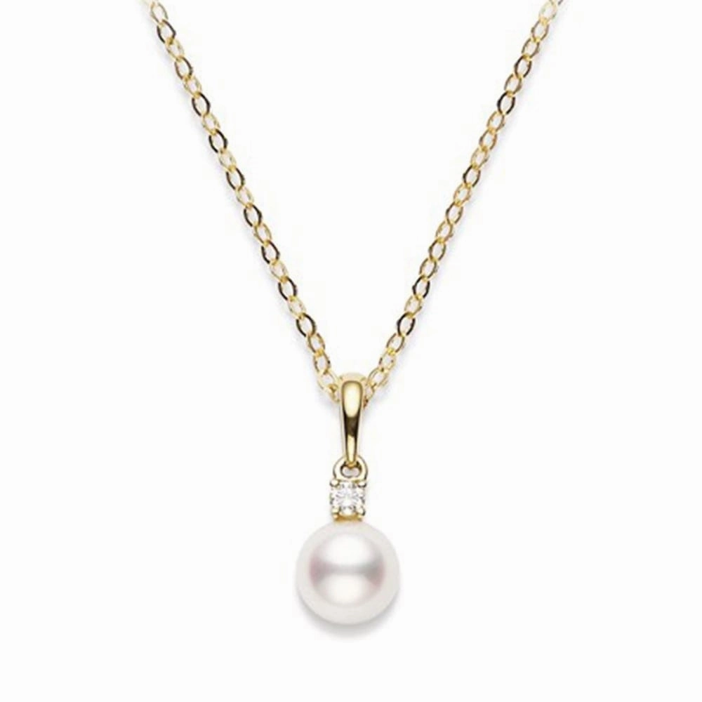 Mikimoto 18ct Yellow Gold Diamond 7.5mm White AA Akoya Pearl Necklace D