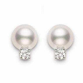 Mikimoto 18ct Yellow Gold Diamond 7.5mm White AA Akoya Pearl Stud Earrings