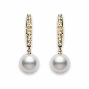 Mikimoto 18ct Yellow Gold Diamond 7.5mm White Akoya Pearl Drop Earrings