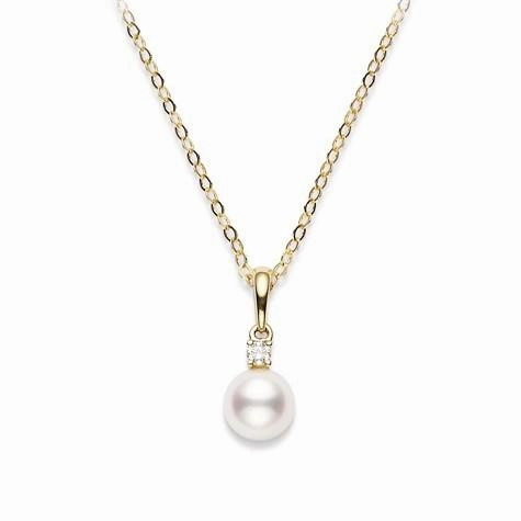 Mikimoto 18ct Yellow Gold Diamond 8mm White AA Akoya Pearl Necklace