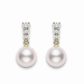 Mikimoto 18ct Yellow Gold Diamond 8mm White Akoya Pearl Earrings D