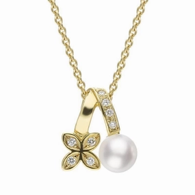 Mikimoto 18ct Yellow Gold Diamond White Akoya Pearl Flower Necklace