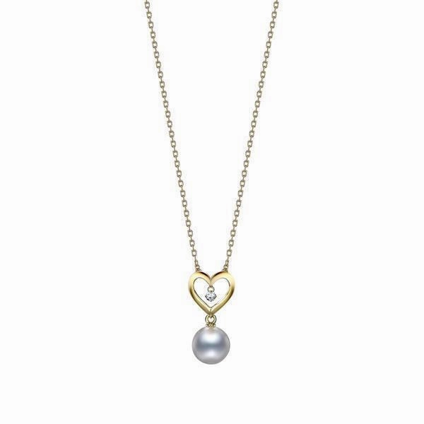 Mikimoto 18ct Yellow Gold Diamond White Akoya Pearl Heart Necklace