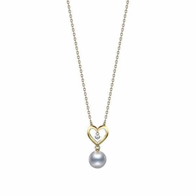 Mikimoto 18ct Yellow Gold Diamond White Akoya Pearl Heart Necklace