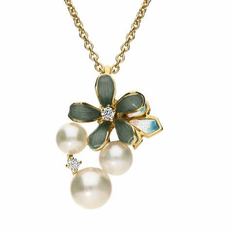 Mikimoto 18ct Yellow Gold Diamond White Akoya Pearl Viola Necklace