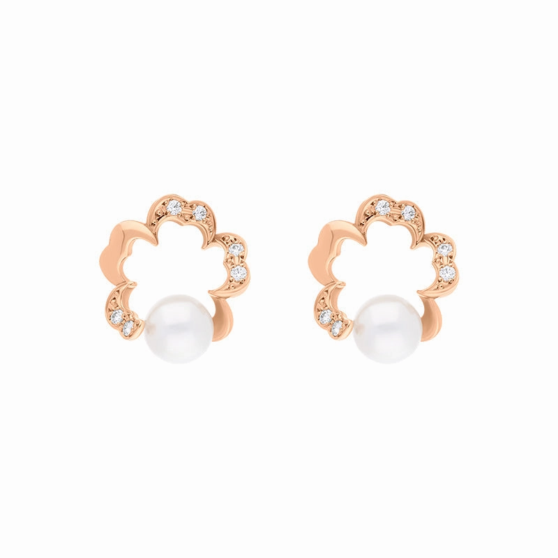 Mikimoto Cherry Blossom 18ct Rose Gold Akoya Pearl Diamond Earrings