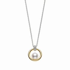 Mikimoto Circle 18ct White Yellow Gold Diamond 6mm White Akoya Pearl Pendant