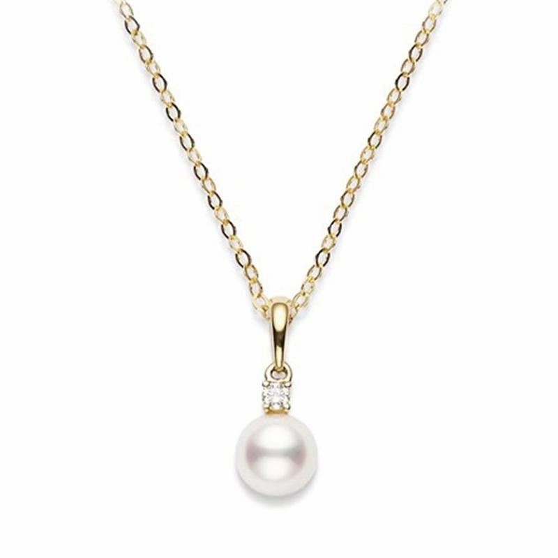 Mikimoto Classic 18ct Yellow Gold Diamond 6.5mm White AA Akoya Pearl Necklace