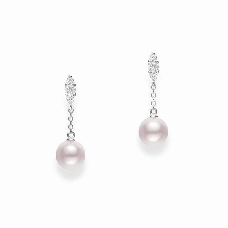 Mikimoto Morning Dew 18ct White Gold Diamond White Akoya Pearl Long Drop Earrings