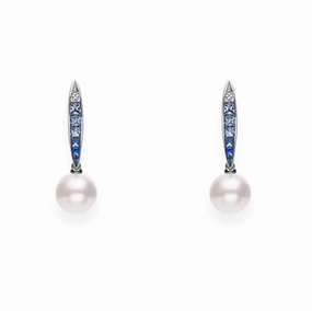 Mikimoto Ocean 18ct White Gold Sapphire 8mm White A  Akoya Pearl Earrings