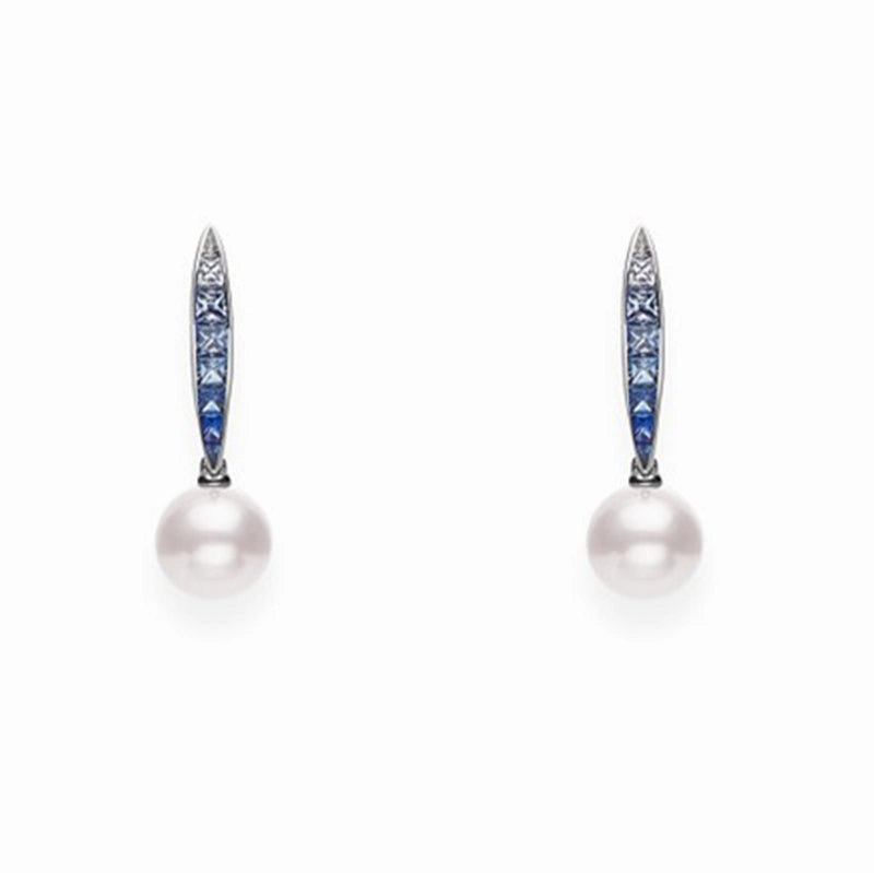 Mikimoto Ocean 18ct White Gold Sapphire 8mm White A  Akoya Pearl Earrings