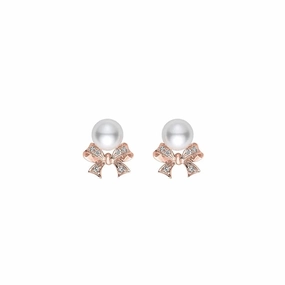 Mikimoto Ribbon 18ct Rose Gold Akoya Pearl Diamond Stud Earrings