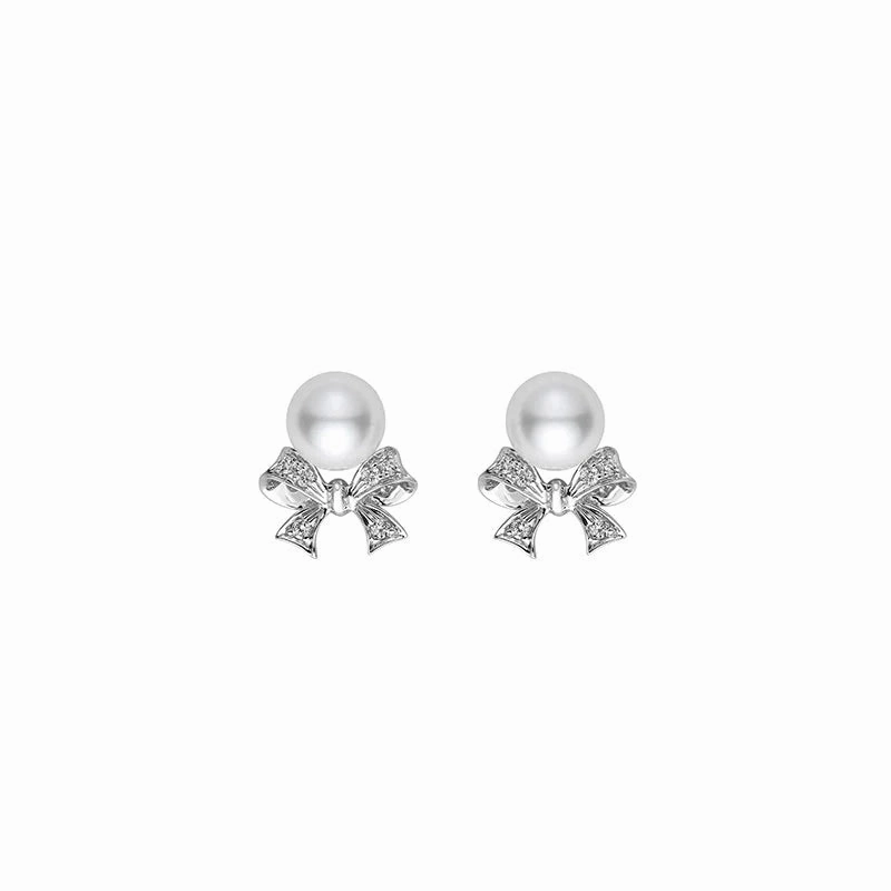 Mikimoto Ribbon 18ct White Gold Akoya Pearl Diamond Stud Earrings