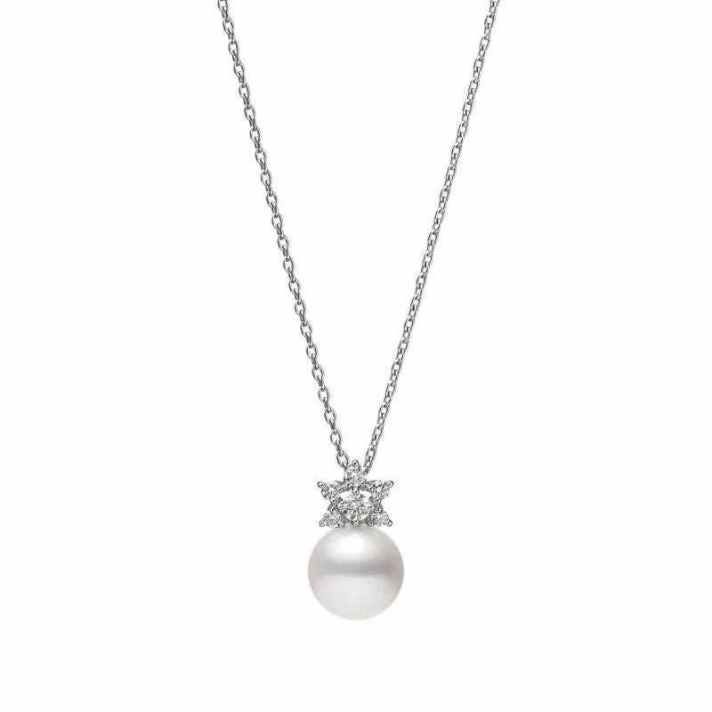Mikimoto Star 18ct White Gold Diamond 8.25mm White Akoya Pearl Necklace