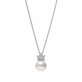 Mikimoto Star 18ct White Gold Diamond 8.25mm White Akoya Pearl Necklace