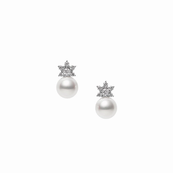 Mikimoto Star 18ct White Gold Diamond 8mm White Akoya Pearl Earrings