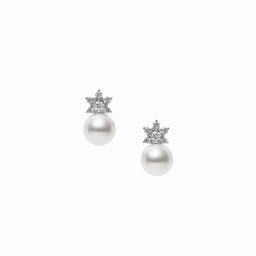 Mikimoto Star 18ct White Gold Diamond 8mm White Akoya Pearl Earrings