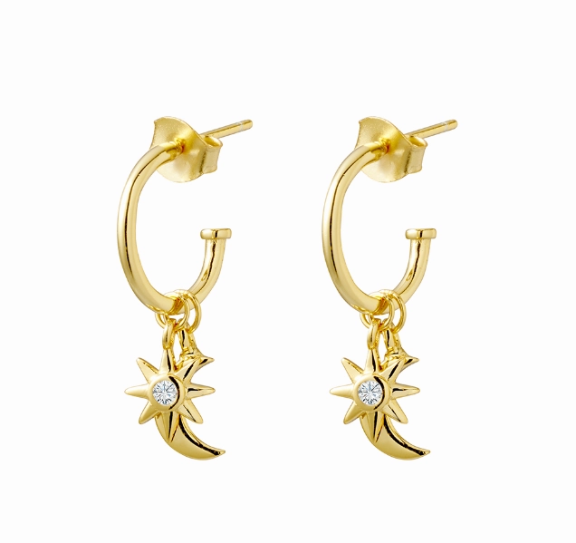 Moon & CZ Star Charm Half Hoop Earrings - 2 Colours