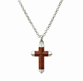 Necklace - Blaze Mens Polished Stainless Steel Necklace with Carbon Fibre Inlay Cross Pendant