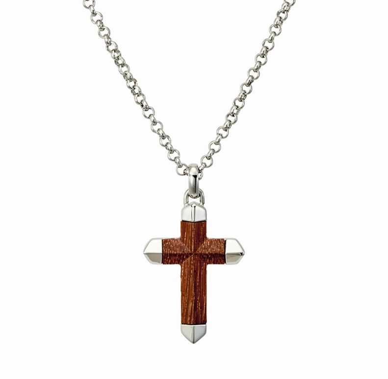 Necklace - Blaze Mens Polished Stainless Steel Necklace with Carbon Fibre Inlay Cross Pendant