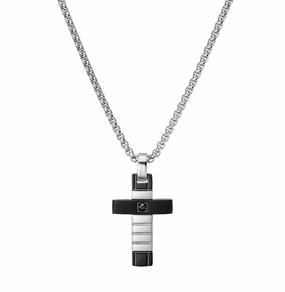 Necklace - Blaze Mens Shiny Stainless Steel and Matte Black Cross Pendant Necklace