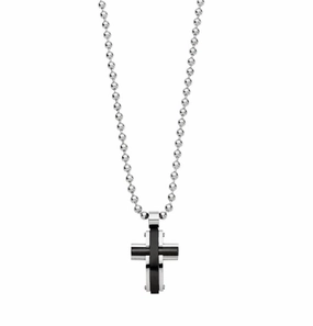 Necklace - Blaze Mens Stainless Steel Cross Pendant with Black Detailing and Ball Chain