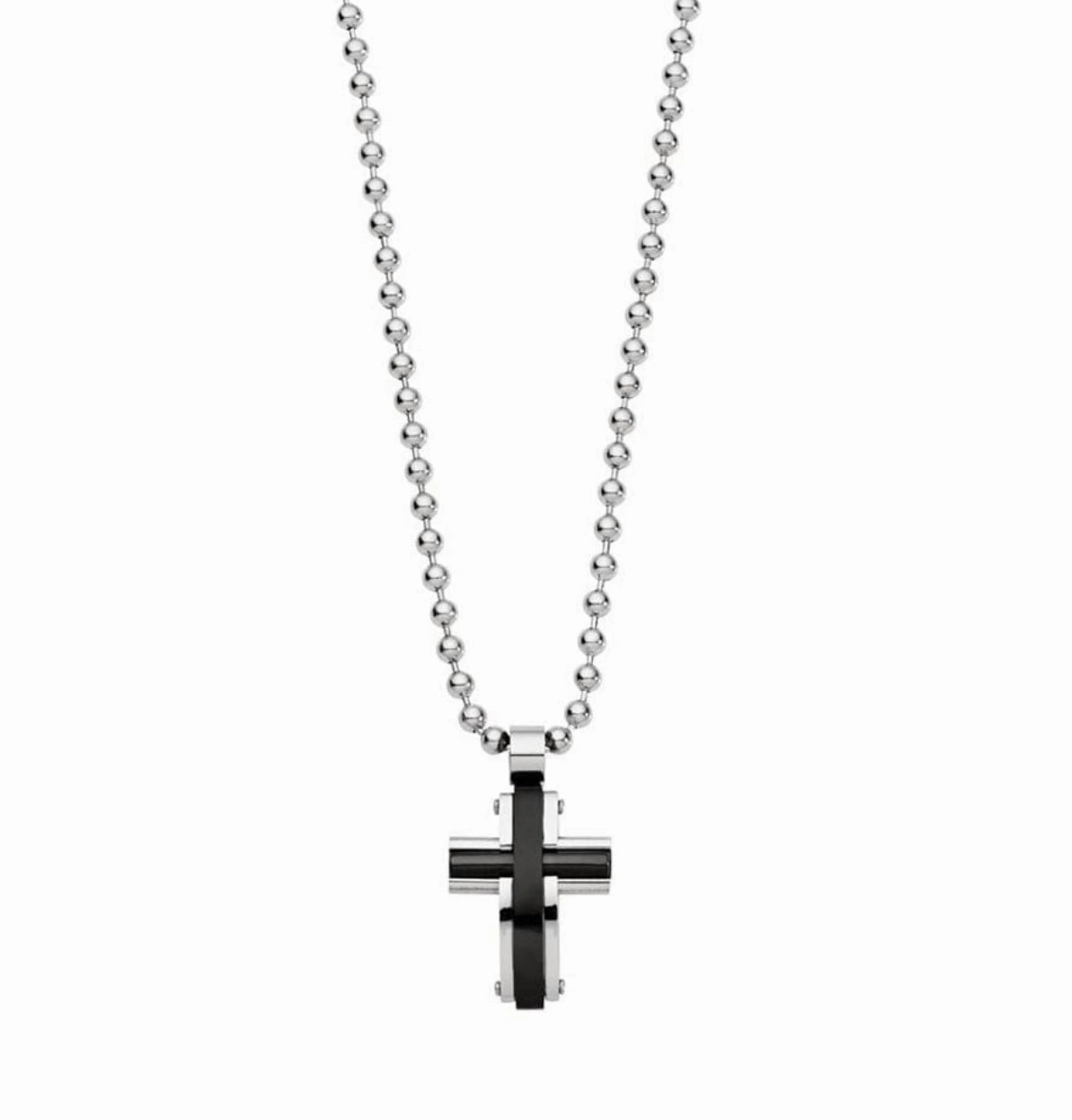 Necklace - Blaze Mens Stainless Steel Cross Pendant with Black Detailing and Ball Chain