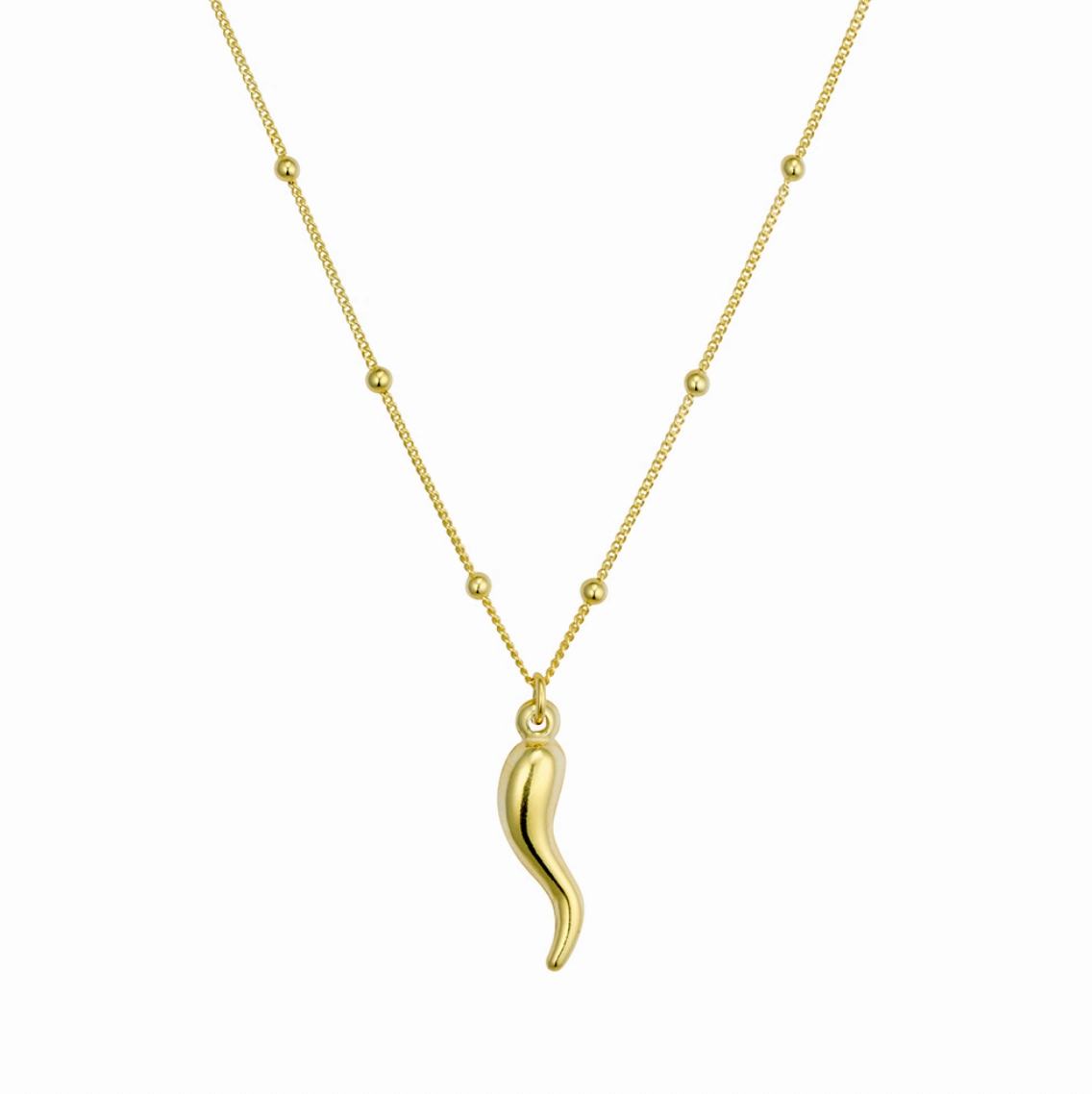 Necklace -  Curb Satellite Chain w/ Cornicello Horn Pendant