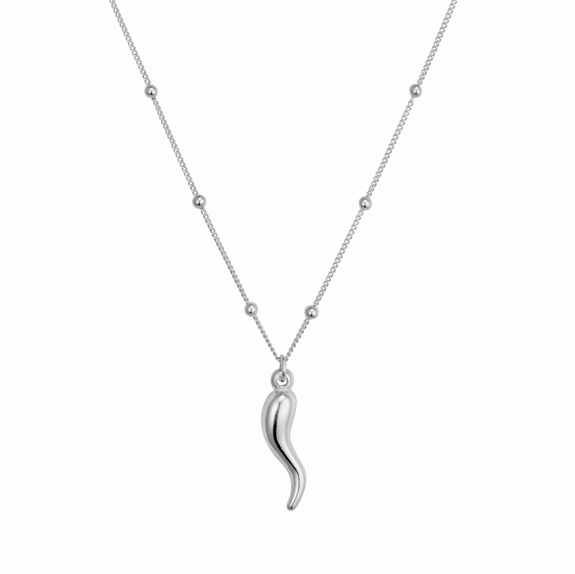 Necklace -  Curb Satellite Chain w/ Cornicello Horn Pendant
