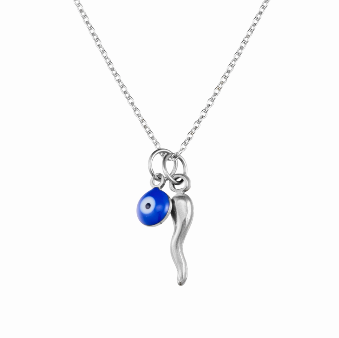 Necklace -  Glass Evile Eye & Cornicello Horn Pendant