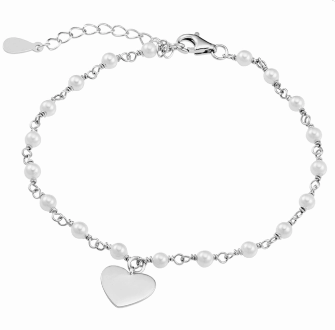 Pearls and Flat Engravable Heart Charm Bracelet