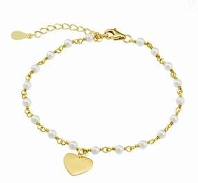 Pearls and Flat Engravable Heart Charm Bracelet