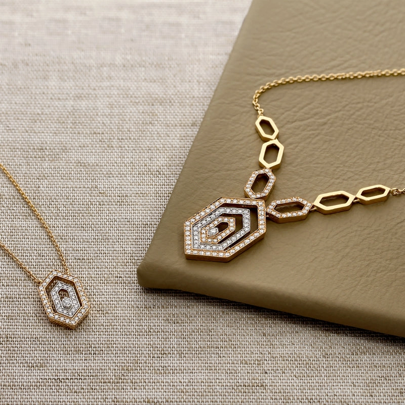 Ponte Vecchio Butterfly 18ct Rose Gold 0.72ct Diamond Triple Hexagon Necklace D