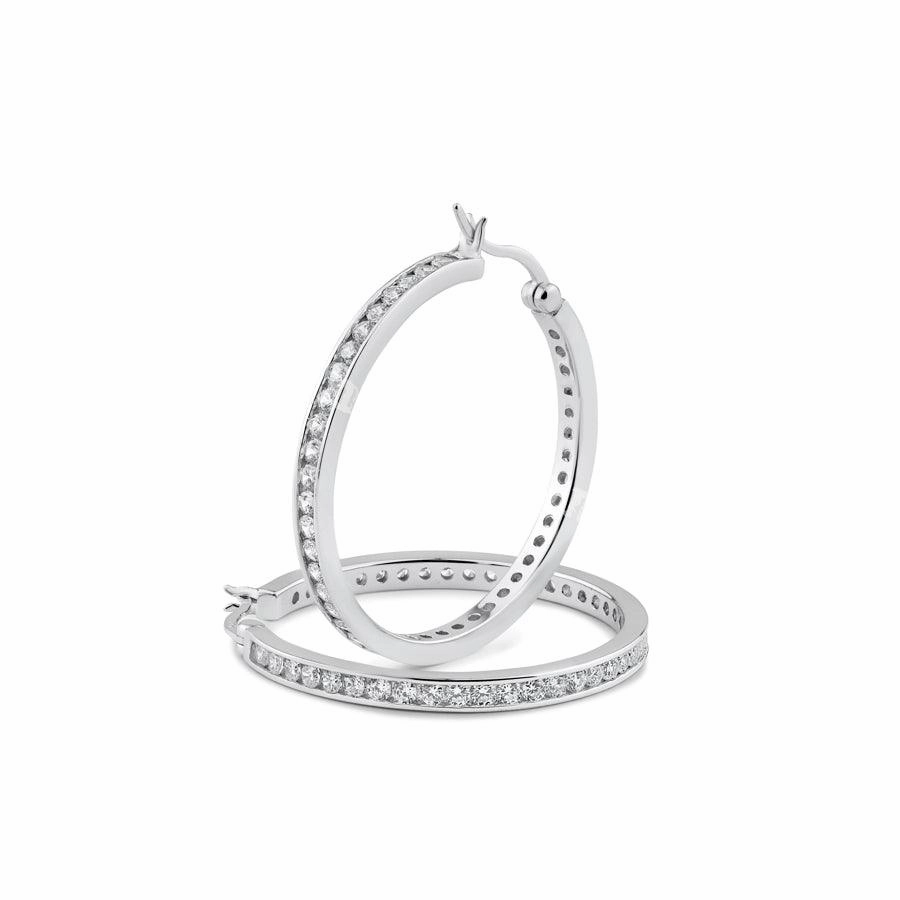 Rhodium Plated 925 Sterling Silver 2.8mm Round Clear CZ Hoop Earrings - AAE00002