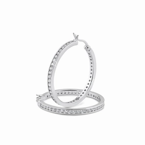 Rhodium Plated 925 Sterling Silver 2.8mm Round Clear CZ Hoop Earrings - AAE00002