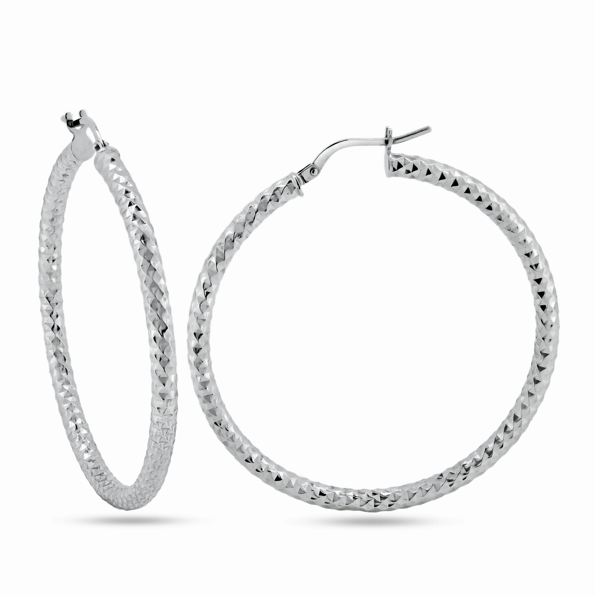 Rhodium Plated 925 Sterling Silver 3mm Diamond Cut Textured Hoop Earrings - ARE00037RH