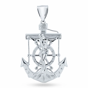 Rhodium Plated 925 Sterling Silver Anchor Helm Cross CZ Pendant - GMP00133