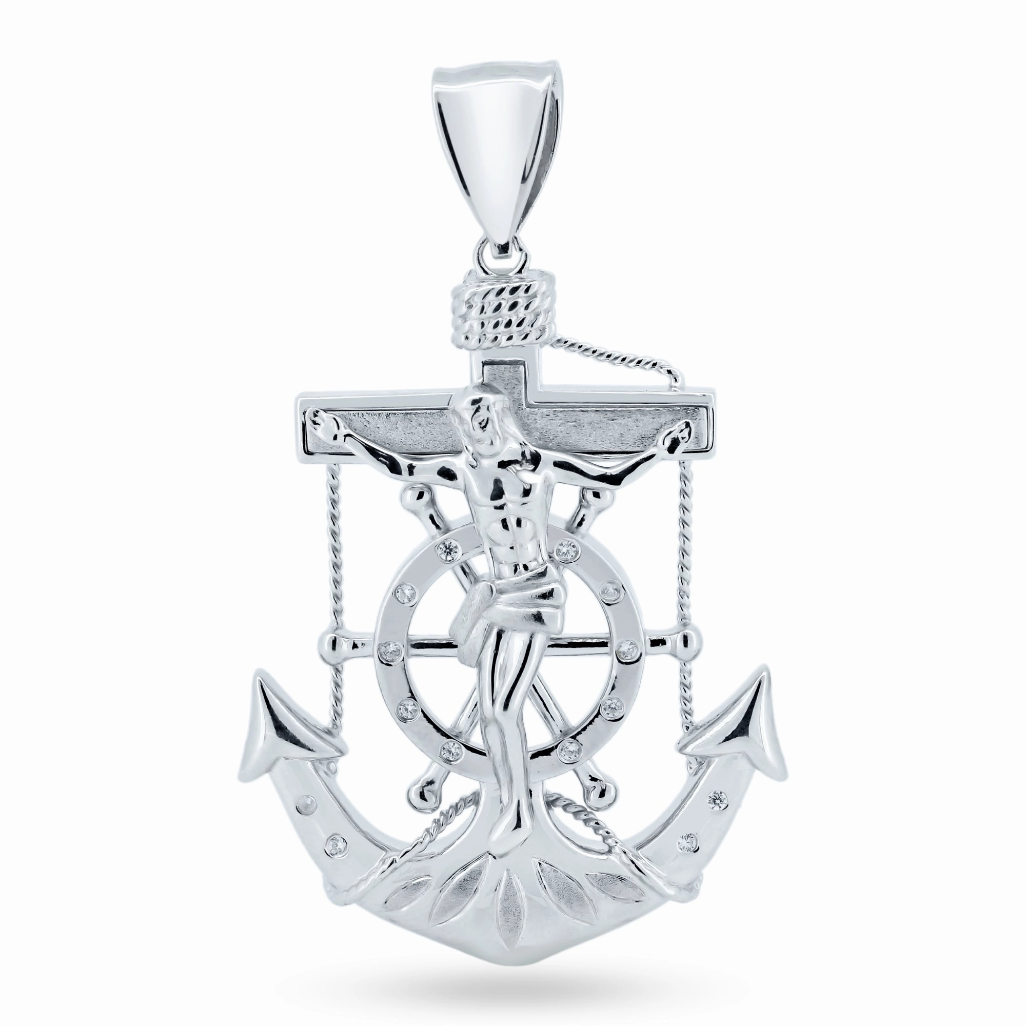 Rhodium Plated 925 Sterling Silver Anchor Helm Cross CZ Pendant - GMP00133