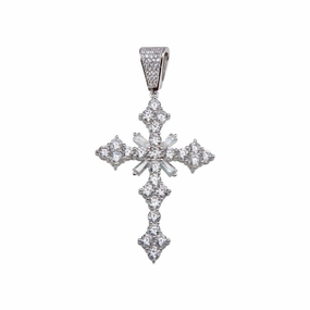 Rhodium Plated 925 Sterling Silver Baguette CZ Cross Hip Hop Pendant - SLP00163