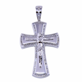 Rhodium Plated 925 Sterling Silver Baguette CZ Cross Pendant - SLP00314