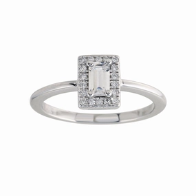 Rhodium Plated 925 Sterling Silver Baguette Stone Halo CZ Ring - BGR01275