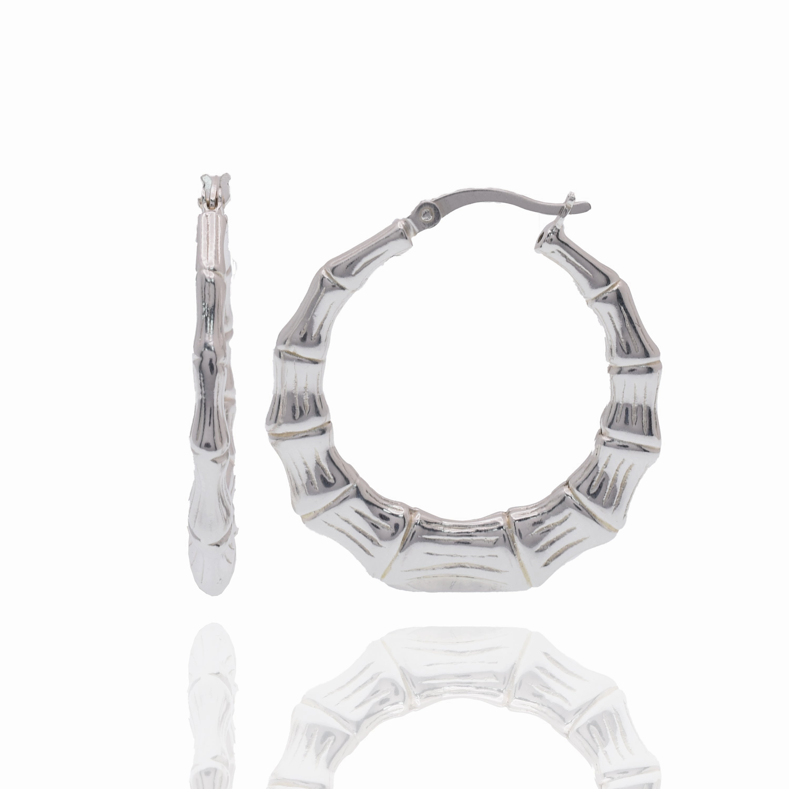 Rhodium Plated 925 Sterling Silver Bamboo Style Hoop Earring - APE00007