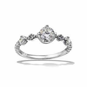 Rhodium Plated 925 Sterling Silver Beaded Shank CZ Ring - BGR01126