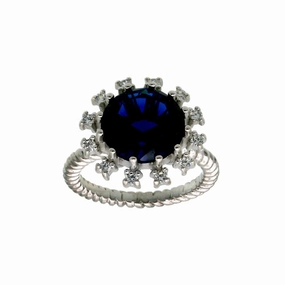 Rhodium Plated 925 Sterling Silver Blue Center Flower CZ Ring with Rope Band - BGR01302BLU