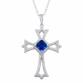 Rhodium Plated 925 Sterling Silver Blue CZ Center Open CZ Cross Necklace - BGP01319
